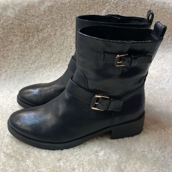 Tory Burch Black Leather Moto Boots Buckle Strap Ankle/Mid-Calf Boots Sz 7.5 - Picture 3 of 16